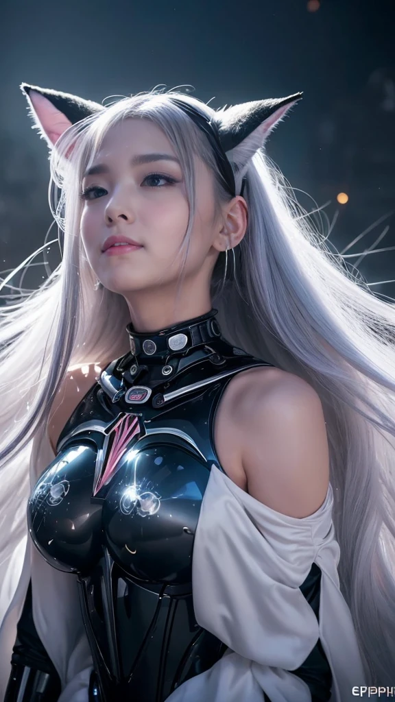 8k,Magnificent Fangs,white mohawk hair,A close-up of a girl wearing a white cat ear costume(Like the real thing) ,Muscular macho body,Gorgeous green and black armor,white mohawk hair,Lavish decoration,Green Eyes,Ultra-Realistic Skin,Fangs are visible from the mouth,Portrait of a Knight, ig model | ArtJam, Very detailed artgerm, Fan Art Best Art Station, 2. 5d cgi animation,Gorgeous Mature Paladin, Detailed digital anime art, Alexandra Fomina Art Station, ArtJam ; 3d unreal engine5,Ultra-high resolution,A kind smile,Strong,Highest quality photorealistic RAW photos。Backlight、Cinema Lighting、Film Grain、50mm lens、Nikon D850、Ultra-Realistic Skin、Fantasy art、Character Art、Ultra-high resolution、muscular and slim body、Ultra-Realistic Skin、Super Muscular Beauty,Clenching his fist and striking a dynamic pose,Showing cleavage,Super Muscular Beauty,Female bodybuilder body types,Very large breasts,Karate stance(Martial Arts),