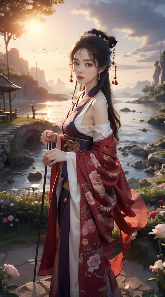 arafed woman in a red dress and blue cape standing under a tree, a beautiful fantasy empress, palace ， a girl in hanfu, ancient chinese princess, ((a beautiful fantasy empress)), beautiful and elegant elf queen, ancient asian dynasty princess, beautiful render of tang dynasty, inspired by Lan Ying, beautiful character painting, beautiful fantasy maiden, wearing ancient chinese clothes