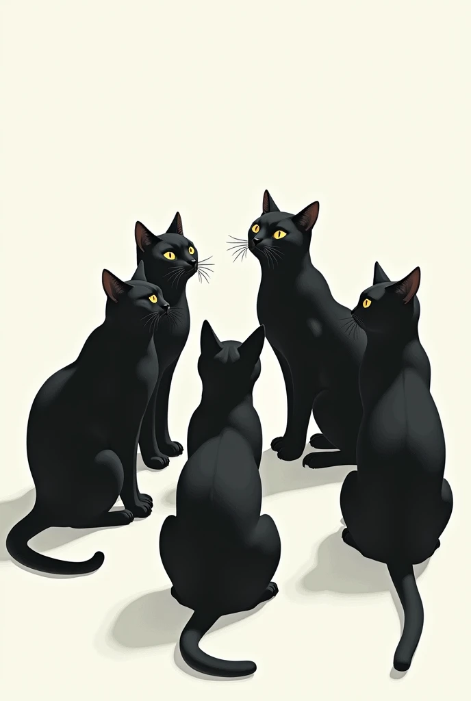 there are five Black Cat standing in a circle on a white surface,  by Lee In-moon ,  by Ivan Generalic , By Kim Myung-gok, ジョッセ・リーフェリンクス,  by Yuko Tatsushima , Cat Conference, Black Cat, Ryusuke Fukahori, Jongsuk Lee, Written by Lu Ji