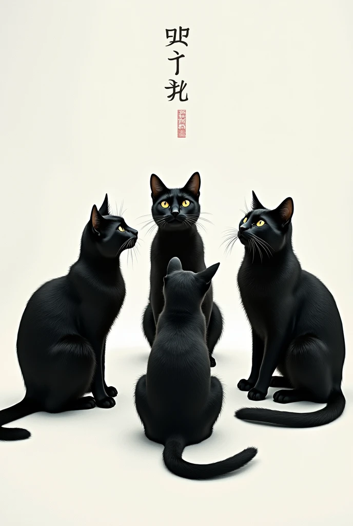 there are five Black Cat standing in a circle on a white surface,  by Lee In-moon ,  by Ivan Generalic , By Kim Myung-gok, ジョッセ・リーフェリンクス,  by Yuko Tatsushima , Cat Conference, Black Cat, Ryusuke Fukahori, Jongsuk Lee, Written by Lu Ji