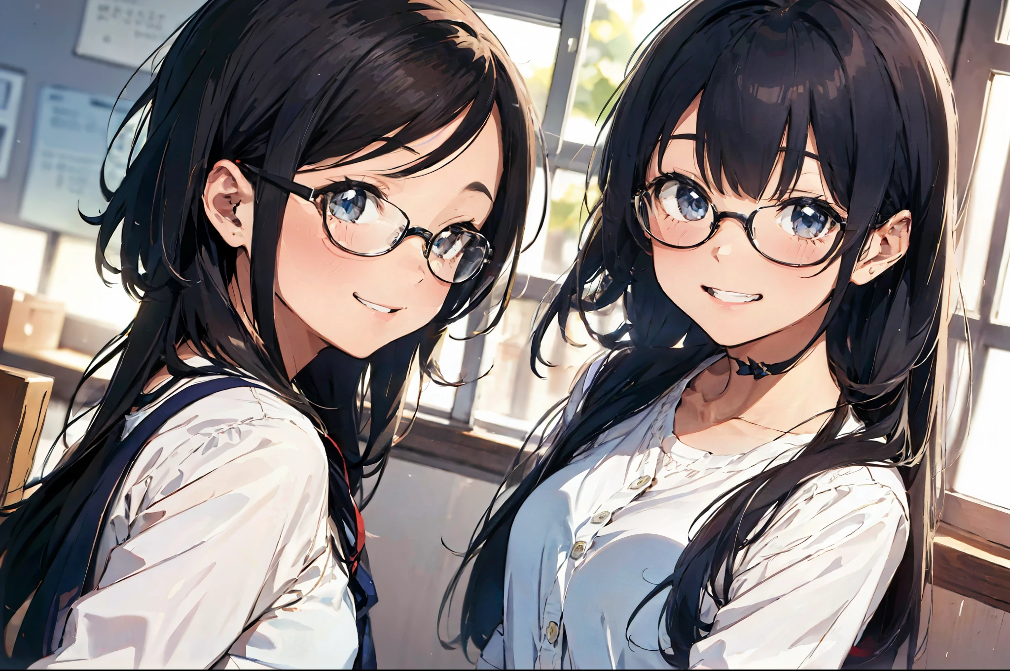 2girls、happy smile、Glasses、Beautiful background、****