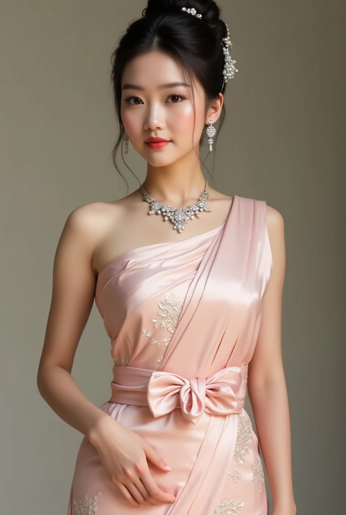 (RAW photos:1.2), (realistic:1.4), (Masterpiece:1.3), (best quality:1.4), Ultra high resolution, (Detailed eyes), (Detailed facial features), (Detailed pink clothing features), HDR, 8K resolution, focus only, Dressing according to Thai tradition, Traditional shawl , 1 woman , big breasts, A gigantic rift, big breastsดันเสื้อผ้า, big breast, Breasts are fully grown., small waist, Long legs, Facing the audience, full body, depth of field, Cinema-grade lighting system