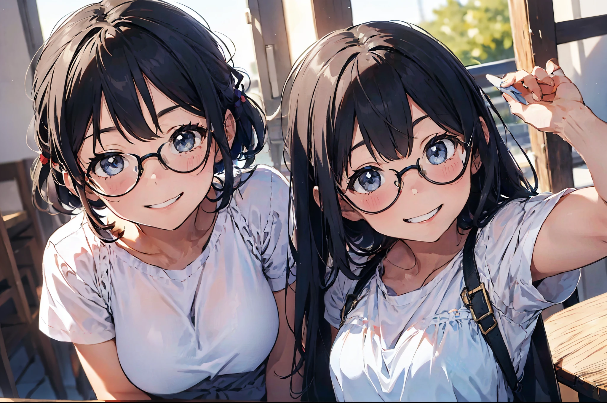 2girls、happy smile、Glasses、Beautiful background、****