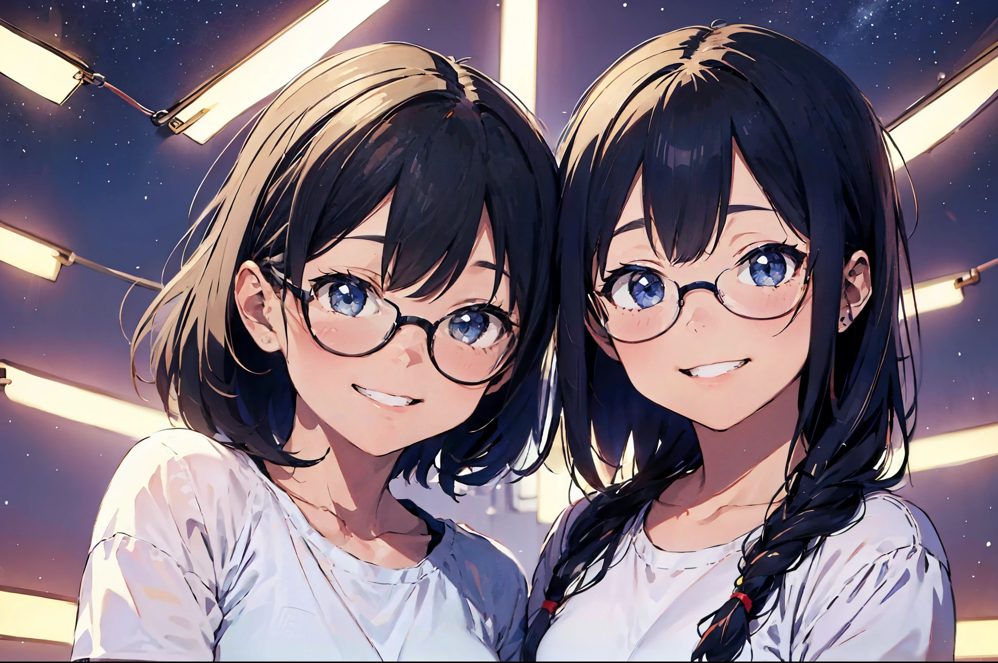 2girls、happy smile、Glasses、Beautiful background、****