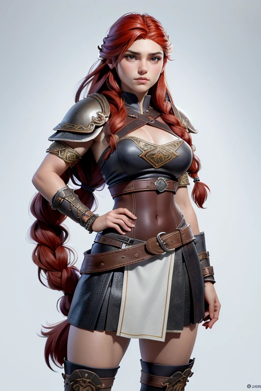  Young Viking woman , warrior,  long red hair tied in a single braid , front view,  amazonian body ,  woman wears leather armor with leather linings and Celtic and Nordic knots, fur skirt,  top quality,  masterpiece , super detail,  lyrics,  cinematographic lighting,  plain white background , without patterns, No textures.