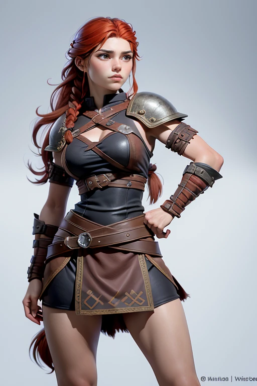  Young Viking woman , warrior,  long red hair tied in a single braid , front view,  amazonian body ,  woman wears leather armor with leather linings and Celtic and Nordic knots, fur skirt,  top quality,  masterpiece , super detail,  lyrics,  cinematographic lighting,  plain white background , without patterns, No textures.