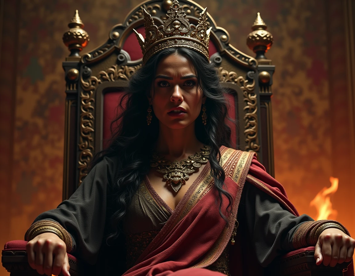 Design a striking and dramatic YouTube thumbnail featuring Jezebel, the biblical queen, in a powerful and menacing pose. She should be centrally positioned, holding the severed head of a prophet in her hands, with a chilling expression of triumph and malevolence. Dress her in lavish, richly adorned garments in deep reds and golds to signify her power and dark influence.
In the background, depict several lifeless prophets without heads, scattered and arranged to convey the scale of her cruelty. Use a dark and moody color palette with high contrast to create a sense of drama and intensity. Incorporate bold, eye-catching text for the video title, such as "Jezebel: Queen of Bloodshed" or "The Ruthless Reign of Jezebel," ensuring it stands out against the dark and intense background.
The overall design should evoke a sense of horror and intrigue, compelling viewers to click on the video to learn more about the dramatic and brutal aspects of Jezebel's story.