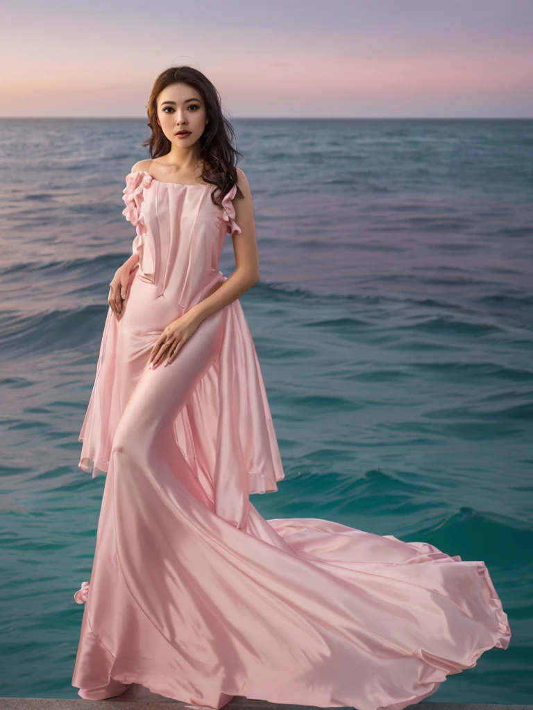 araffe woman in a pink dress standing on a balcony overlooking the ocean, dressed in a pink dress, looking out at a pink ocean, wearing a pink dress, wearing a pink ballroom gown, she has a jiggly fat round belly, the ocean in the background, pink dress, vacation photo, alluring plus sized model, photo from the back