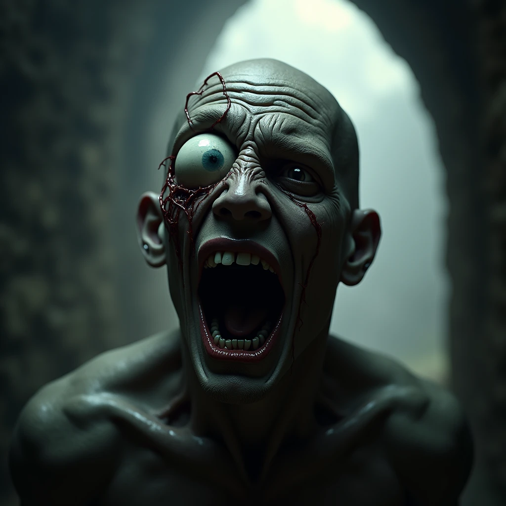 Ramu's complete turning into stone: Ramu's body has become completely stone, and he has become a part of the mansion. His face has a final expression of fear.