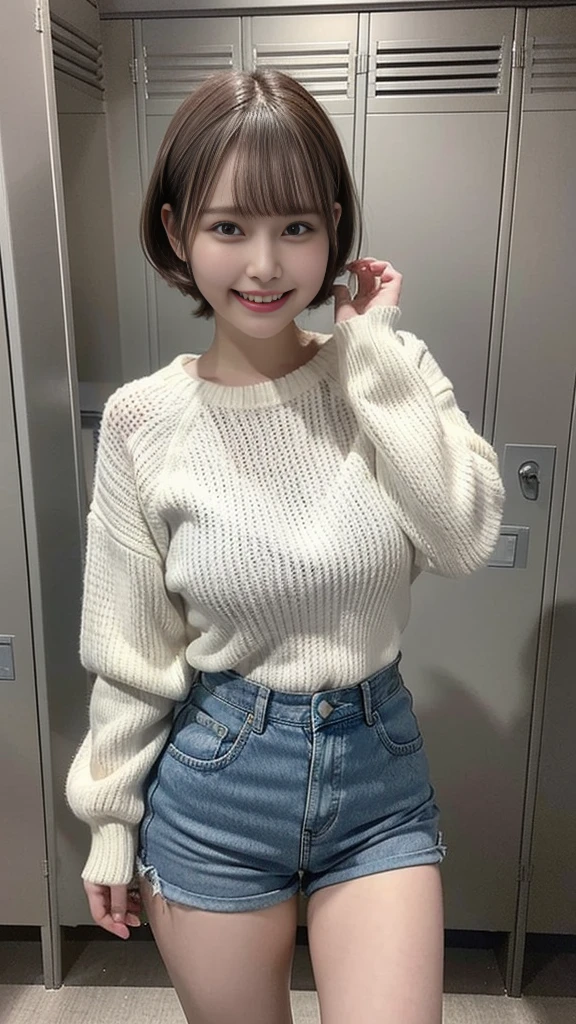 (chubby),(((white long sleeve knit, denim short pants)))、 ((((brown very short hair)))),(((grin face, scornful eyes:1.2)))、 Japanese、((((Round face))))、(big cheeks)、((Cute Face))、(((Japaneseジュニアアイドル)))、(((background: locker room))), High resolution、high resolution、In 8K,Highly detailed eyes and face、超High resolution, High resolution、high resolution、In 8K