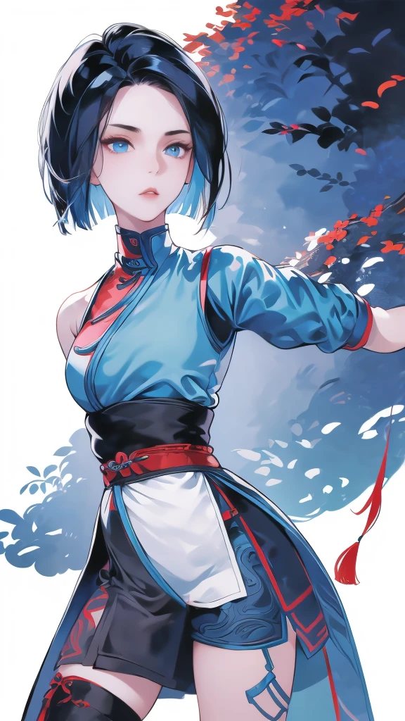 Masterpiece, Best quality, 1 Ji Ruxue, the expression is cold, strong, blue eyes, short hair, wolfcut hairstyle, smoky mix blue color hair, resolute eyes, red lips, simple Taoist Taoist uniform, Chinese mix morden, frontal photo, black or white background, simple background, anime, illustration, Chinese style short-sleeved shirt, cool girl, Ji Ru Xue, Fullbody, blank background , full HD, full body, leggy, standing position, simple background, black and white background