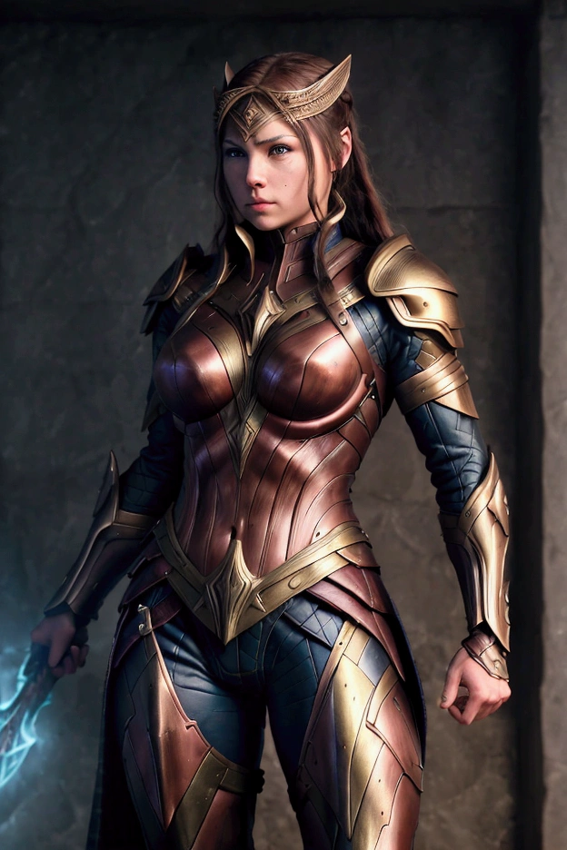 Mulher Thor, corpo definido seios grandes, vestido fantasia de thor e levantando miljonir , raios a volta do martelo