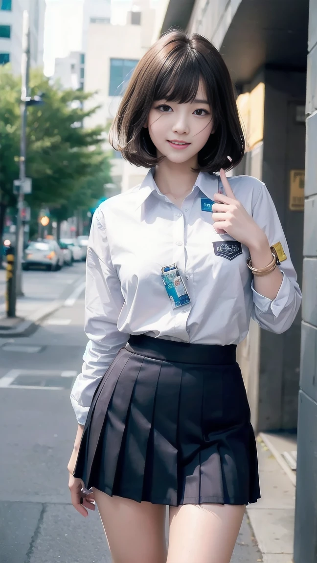 ((top-quality, 8k, ​masterpiece:1.3)), solo, sixteen years old, student clothes, Uniforms, Crisp focus:1.2, Beautiful Women in Perfect Style:1.4, Slender abs:1.2, ((attractive thighs)), full breasts, ((short hair)), (White button-up long shirt:1.1), Street:1.2, Highly detailed facial and skin texture, A detailed eye, double eyelid, full body shot, pleated mini skirt, Minami Sakuma