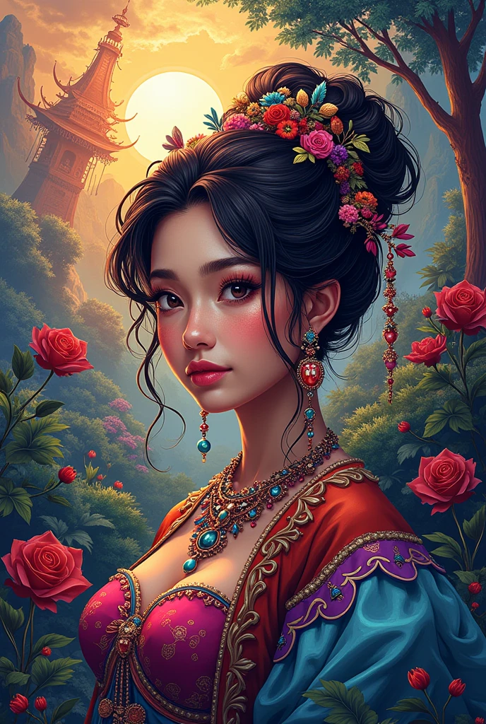 two gorgeous asian ladies, short red dresses, sitting on a table, detailed eyes and lips, flowing long black hair with red streaks, vibrant colors, (best quality,4k,8k,highres,masterpiece:1.2), ultra-detailed, (realistic,photorealistic,photo-realistic:1.37), studio lighting, bokeh, artistic portraits, elegant poses, a garden-like background, serene atmosphere
