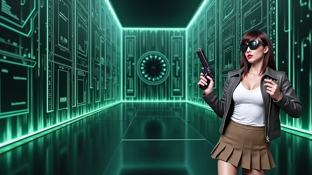in The Matrix world, circuit style floor, Matrix code cascading on the glass wall, projected image of an outlined light-blue holographic humanoid-female-head-only hairless AI system submerged into the wall at the far end, high contrast, deep focus, the iconic green and black color palette, cyberpunk aesthetic, ultra realistic, breathtaking surreal masterpiece. At night, (1girl, solo), photorealistic, medium-breast:1.3 slim body, cleavage, matrix style costume with miniskirt, (matrix style black sunglasses, holding a short gun), half-body thigh level medium shot, cinematic lighting, ray tracing.
