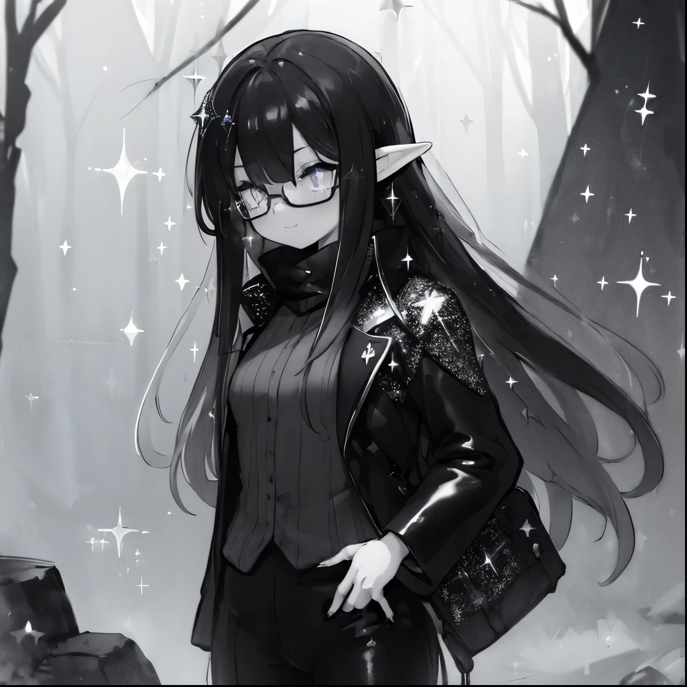 (monochrome:1.7),(sparkle eyes:2.0),8K,(masterpiece),high resolution,best quality,(ultra-detailed),ultra detailed eyes,girl is elf,(black color hair:1.1),(inner hair color is white:1.5),BREAK,(light smile,earth eyes,long hair,elf ear,fair skin),(wear shiny black suits and pants:1.1),silver glasses,hands in front of body,form side,ancient forest,tree
