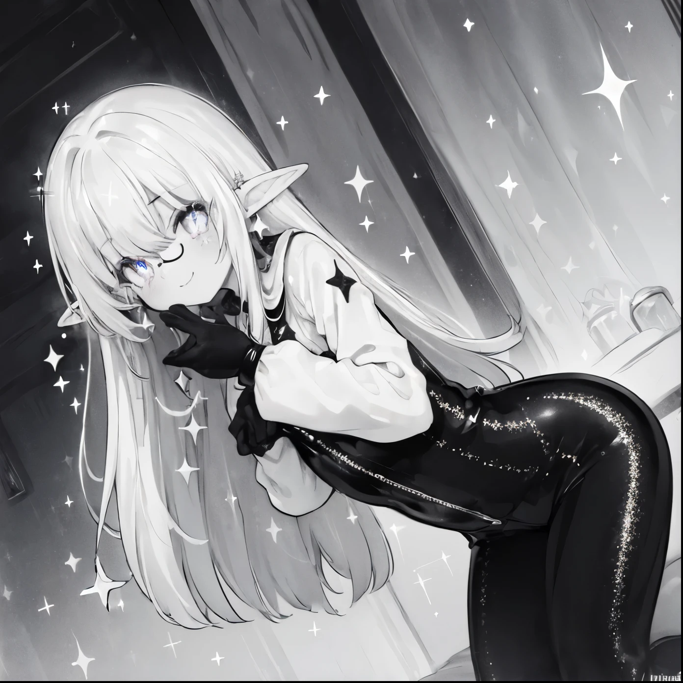 (monochrome:1.7),(sparkle eyes:2.0),8K,(masterpiece),high resolution,best quality,(ultra-detailed),ultra detailed eyes,girl is elf,(black color hair:1.1),(inner hair color is white:1.5),BREAK,(light smile,earth eyes,long hair,elf ear,fair skin),(wear shiny black suits and pants:1.1),silver glasses,hands in front of body,form side,ancient forest,tree
