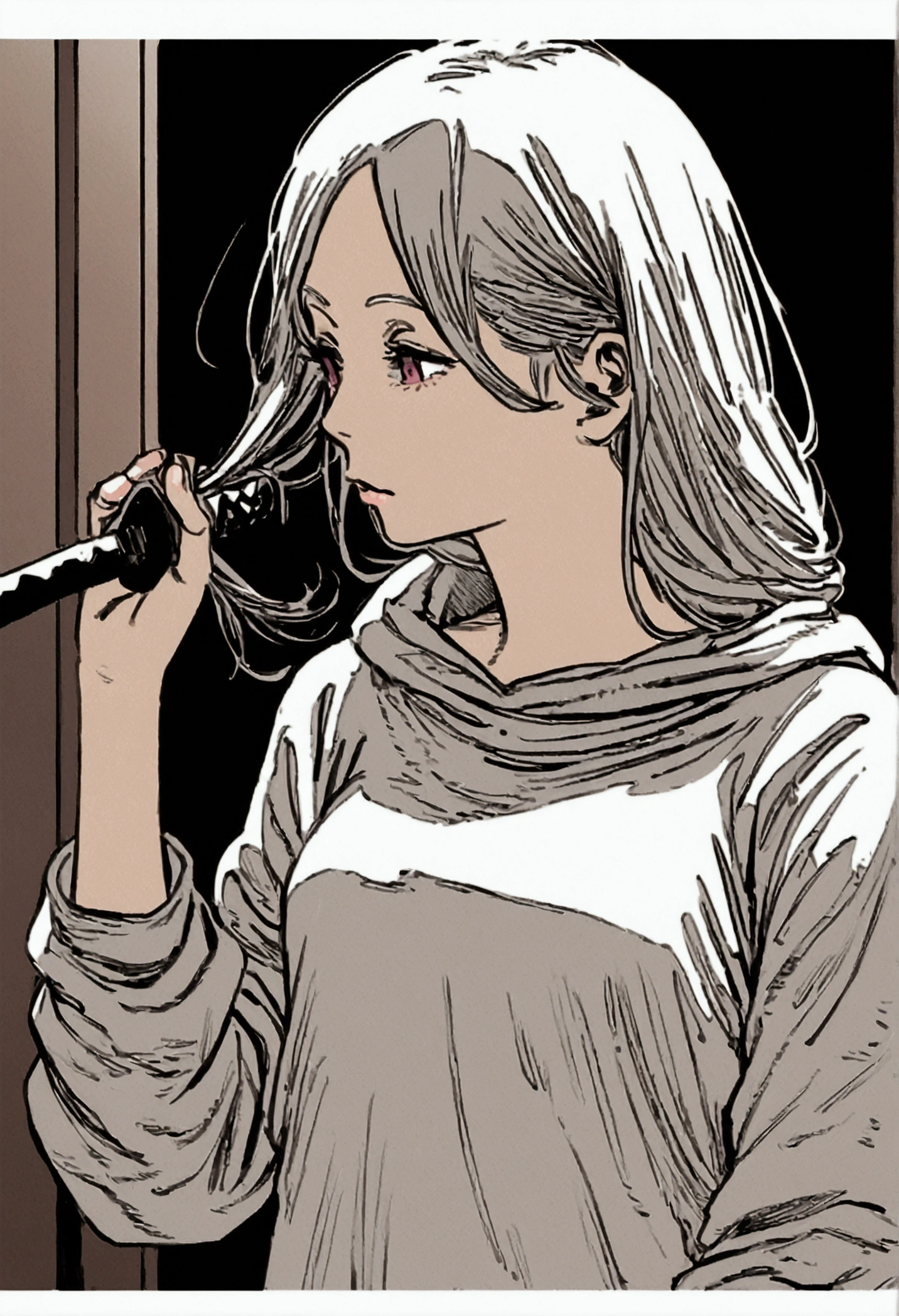  A girl half human half rabbit, Wearing a sweatshirt, without the hood, showing her hair , with a katana in hand, manga art 