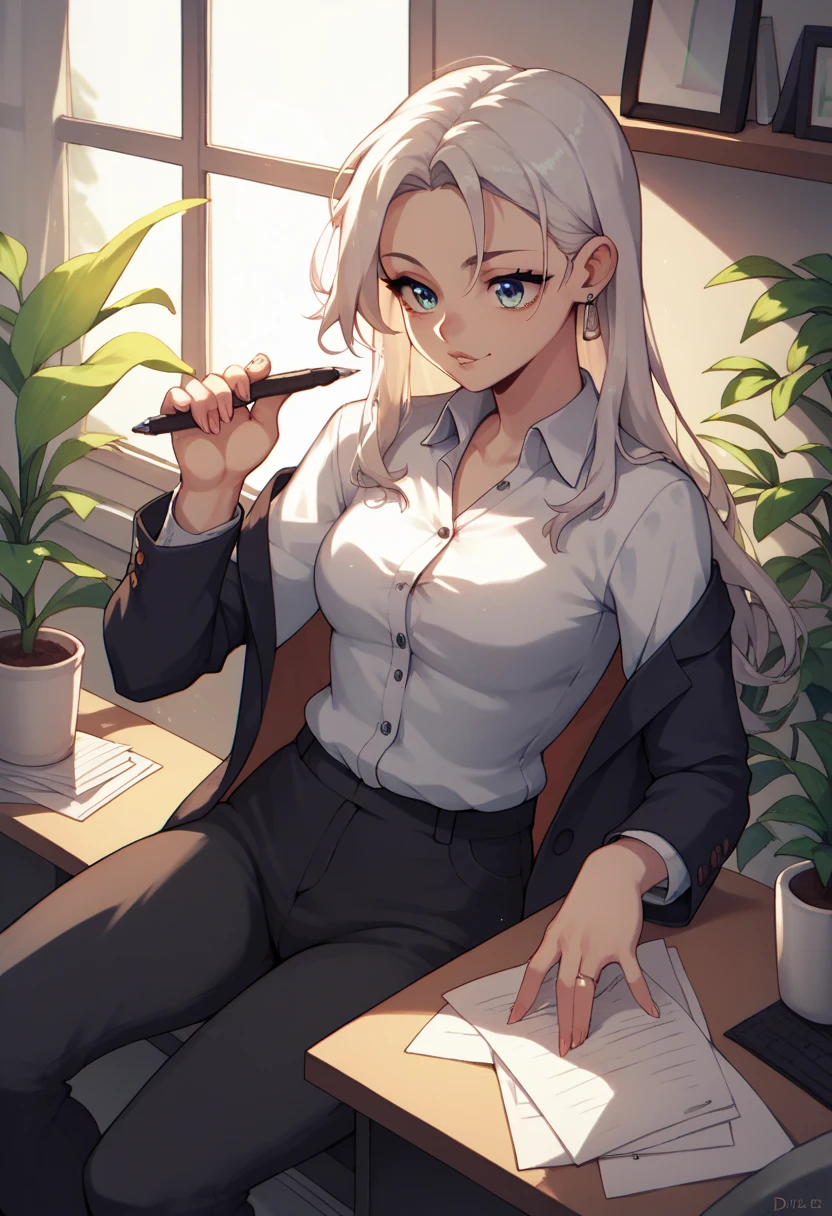 Crossed legs,Office,Pantyhose, rays of light, elegance face