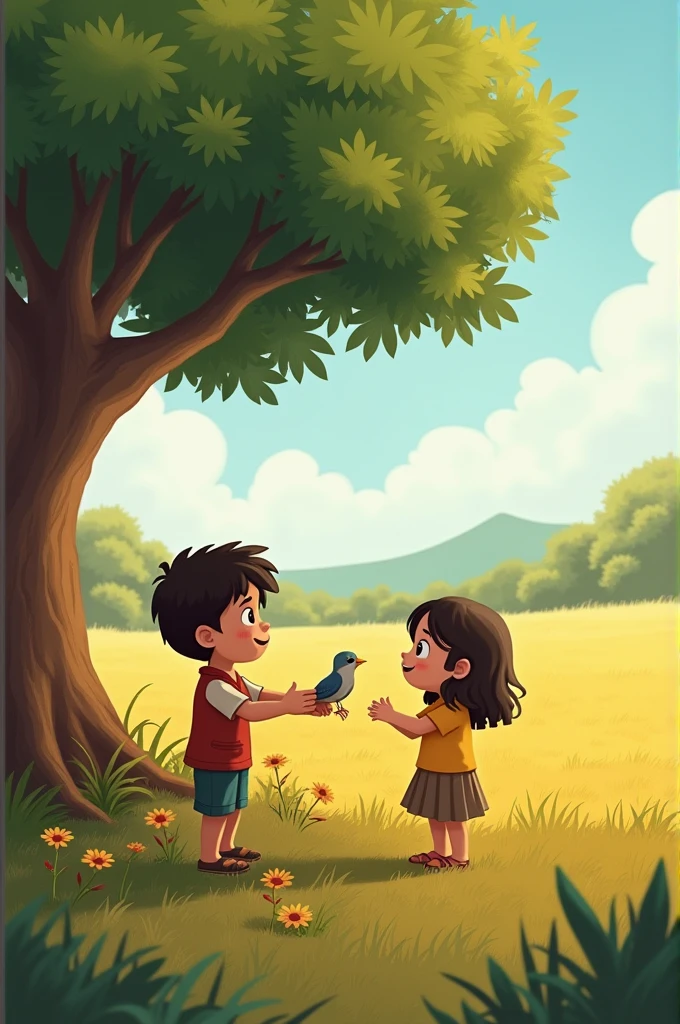 Anna is standing on his toes, trying to touch the bird on the tree branch. Tamma is holding Anna's arm, gently stopping him, with a concerned expression on his face. The bird looks a bit startled, its wings slightly open as if ready to fly away.