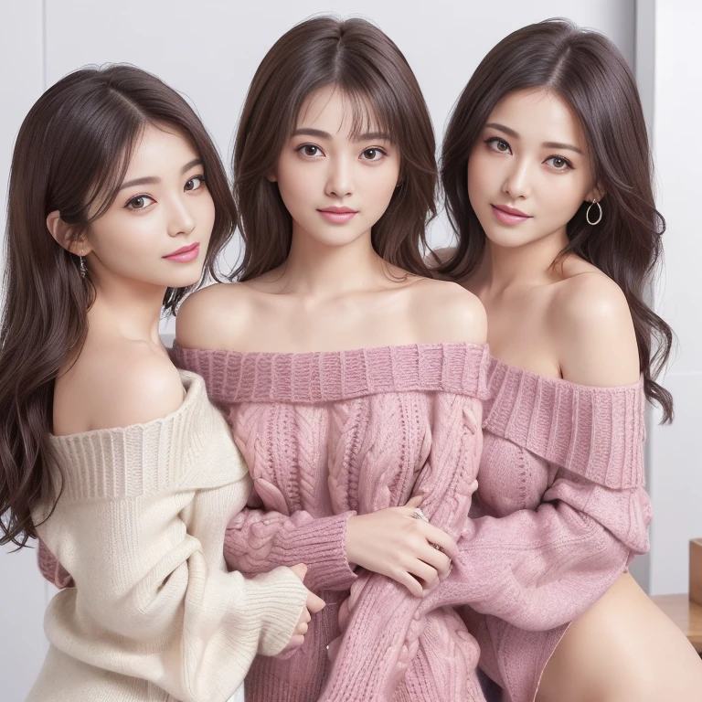 ((Standing, 3 women in their 20s)、(Off-shoulder knitwear:1.4)、(The shape of the buttocks is faintly visible from the top of the clothes.)、(Overlapping breasts)、((Seductive facial expressions:1.1)), 3 Girls, ((Etch Smile)), ((Medium long wavy hair)), The face is orderly、A detailed face、Beautiful face、Tying hair、Light brown eyes、Innocence、(Photorealistic)、(intricate detailes:1.2)、(masterpiece:1.3)、(top-quality:1.4)、(超A high resolution:1.2)、超A high resolution、(A detailed eye)、(detailed facial features)、(nfsw:1.5)、 8k resolution、Large breasts、pink nipples、