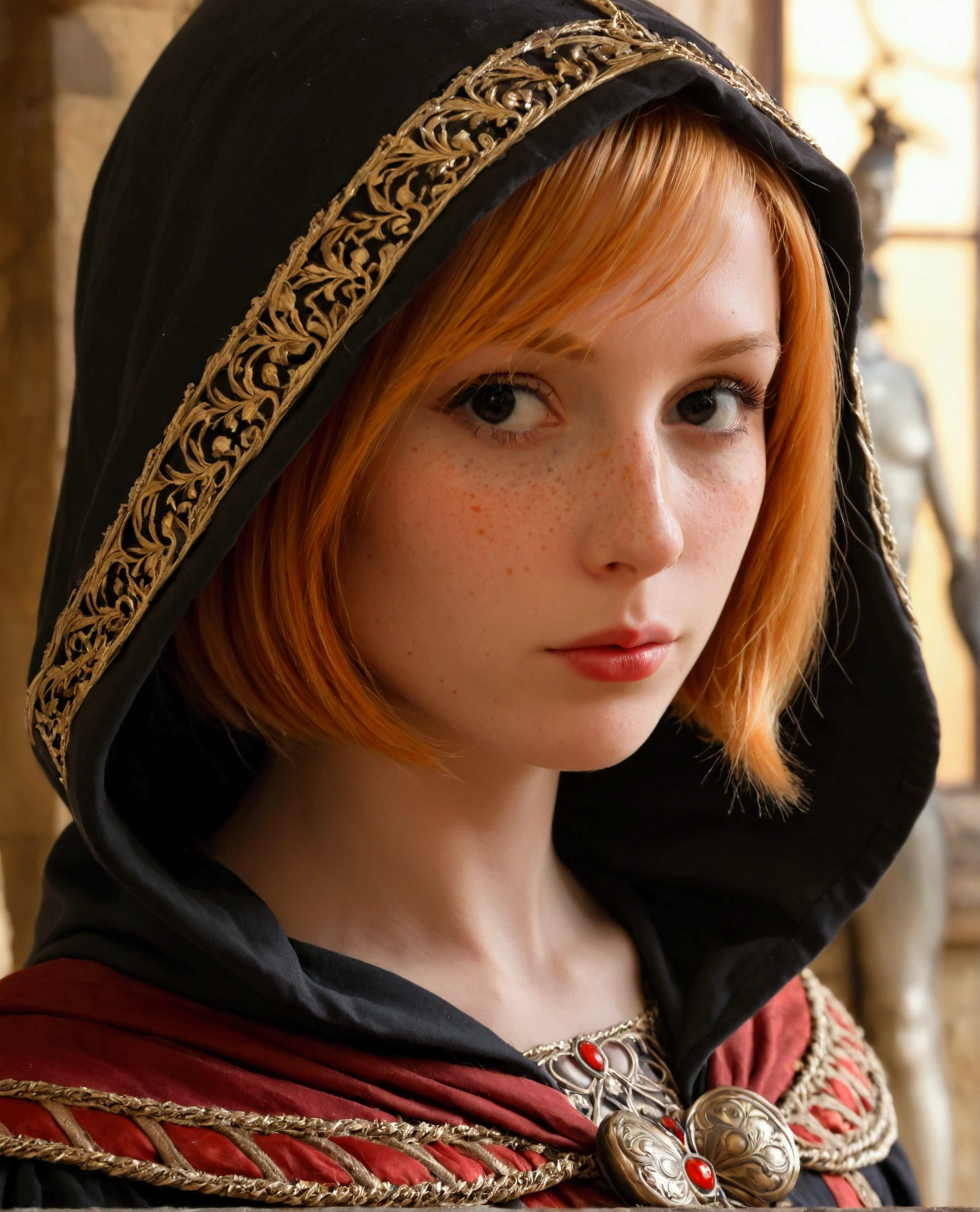 ( realistic oil art , Waist-length image,  20 year old princess , British, black eyes, The vivid view of , ginger,  Short hair),  Ezio Auditore tunic , with a hood, black,  brown ,  red details , decorations,  freckles for 10 % {{cheekbone sharp ,  perfect face ,  critical chamber , blurred background, warm light,  more information about clothing,  strong remnants ,  Pose Puzzles 