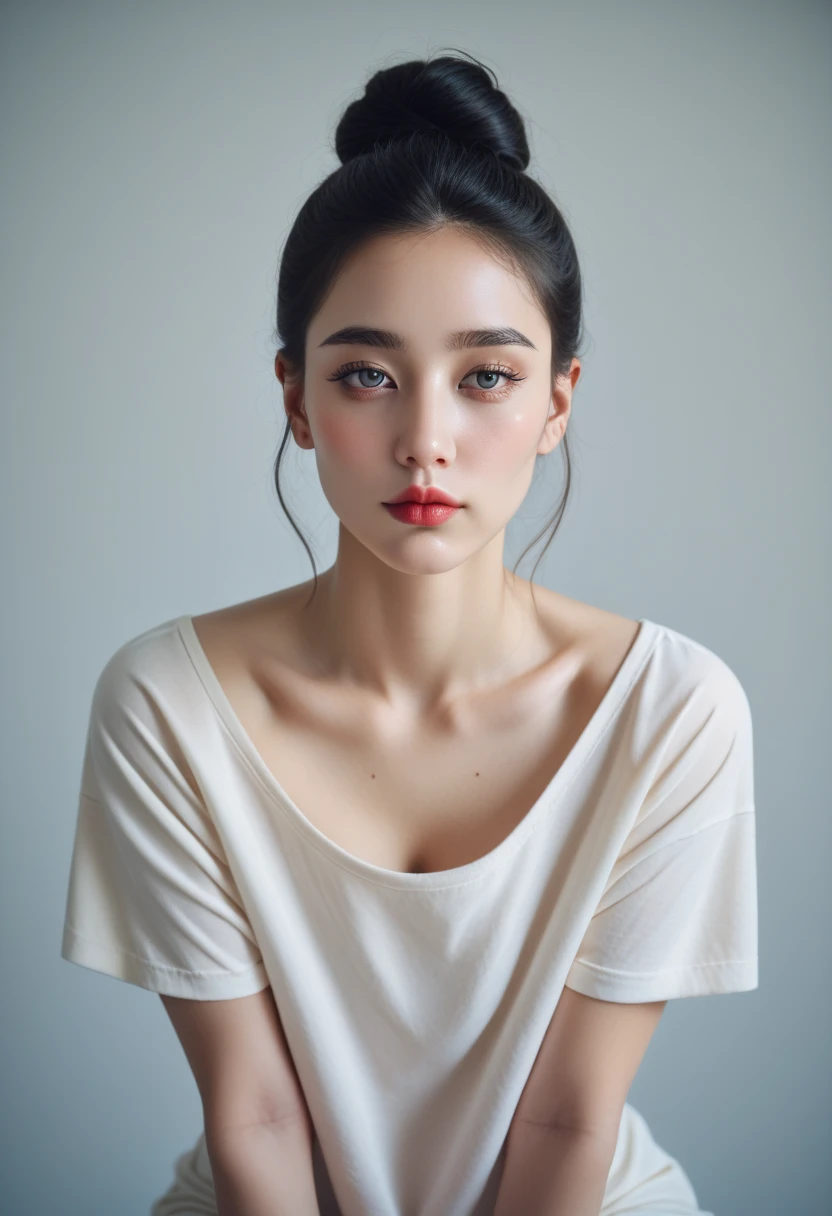 Black Hair、20 years old、(Best Quality), 4K, High resolution, masterpiece)、 (, slim:1.8, Pale skin:1.6), (small 顔:1.8, No makeup:1.8), Beautiful and detailed eyes(Symmetrical eyes, Big round eyes:1.8, Shining Eyes:1.6, Delicate eyebrows, Delicate eyelashes, Sagging under the eyes:1.2)、Off the shoulder、Strapless、bun、Beige T-shirt、nsfw、downblouse loose t-shirt leaning forward, sexy lace bra, natural boob