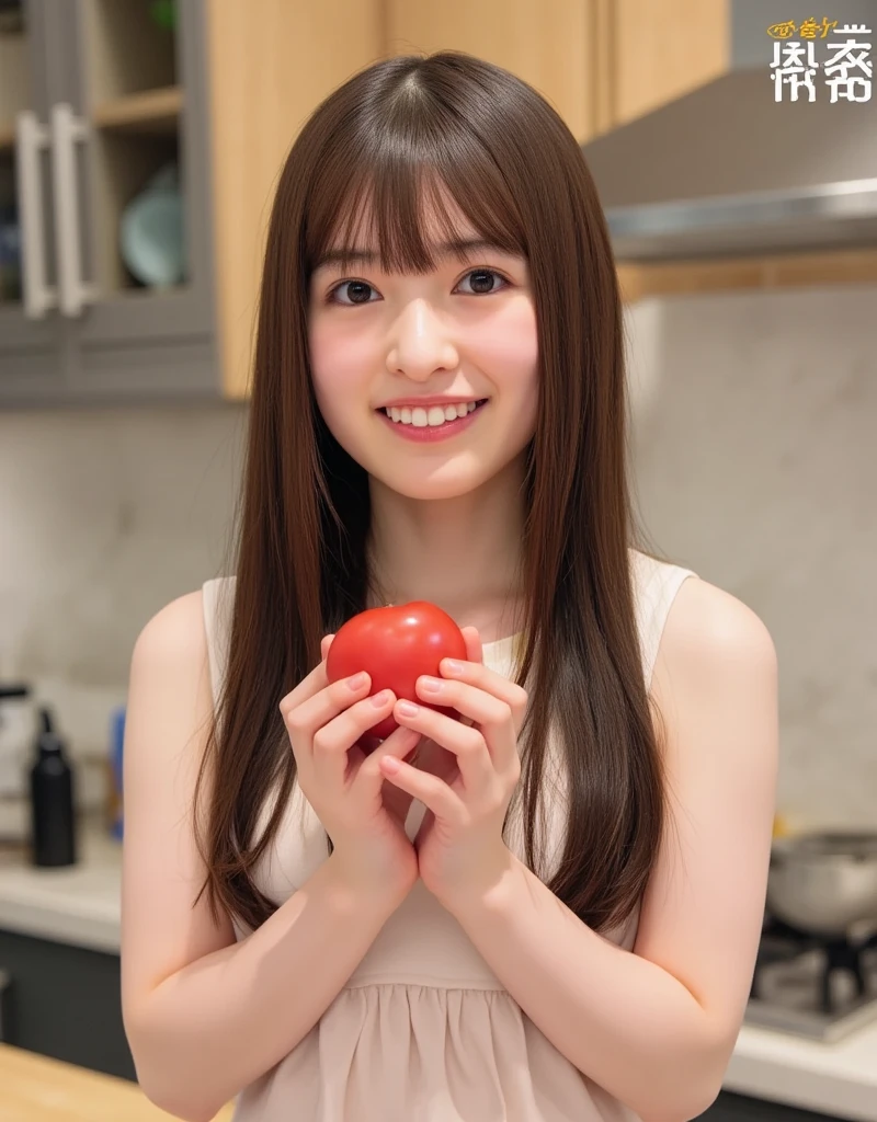 A high resolution photograph of a young Japanese petite girl, photo realistic, masterpiece, intricate details, extremely detailed, sharp focus, volumetric lighting, portrait, solo, 1girl, (naked and covering nipples with holding a tomato in front of own chest:1.5), (long straight hair with blunt bangs), smile, perfect hands, indoors, home, kitchen 