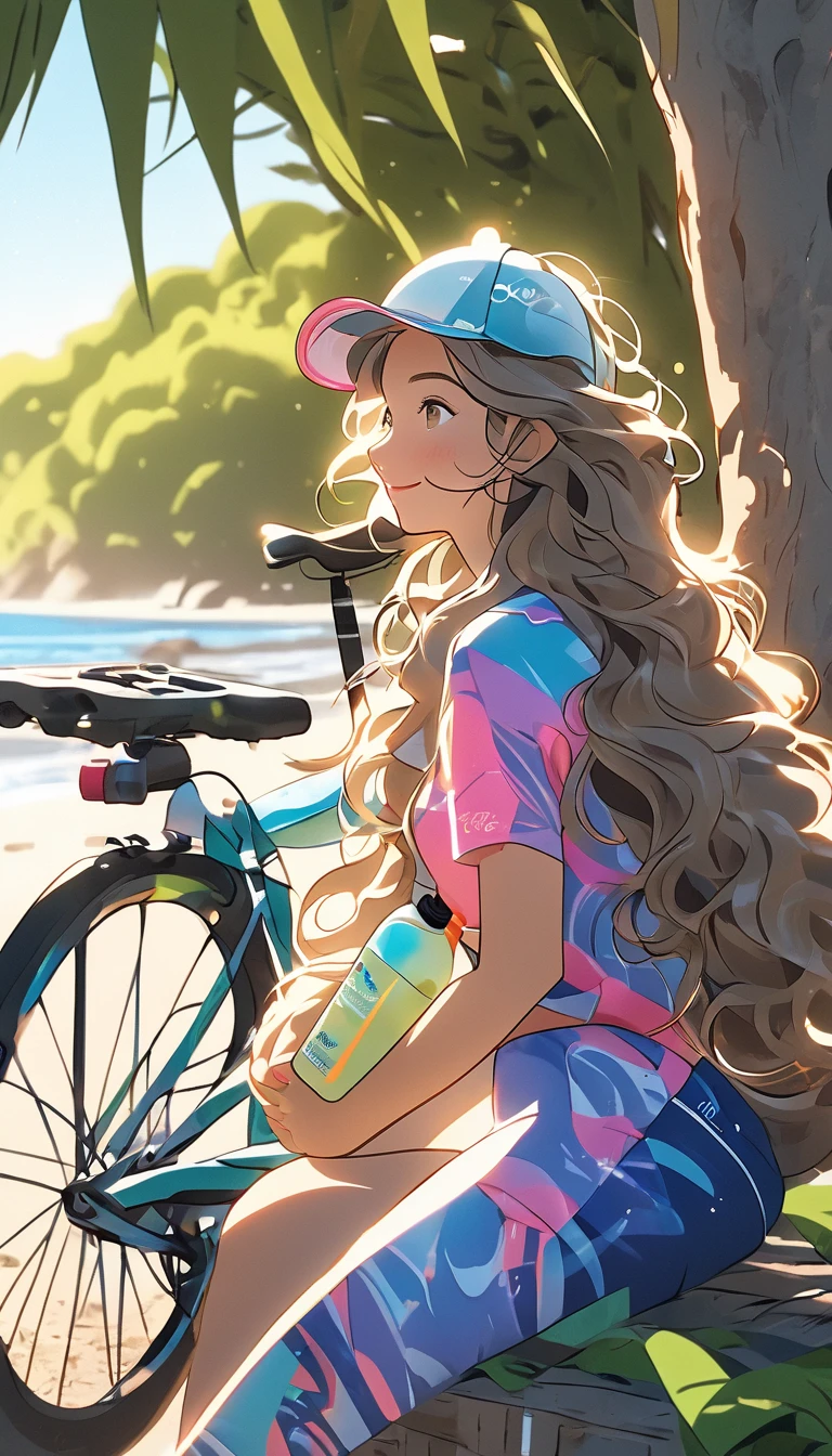 A close up ,random profile view,random camera angle shot,a woman with long wavy hair take a rest and set on a bench under a tree while her bicycle lean on the beach,she is wearing a cyclist outfit and holding a bottle of water,natural defuse lighting