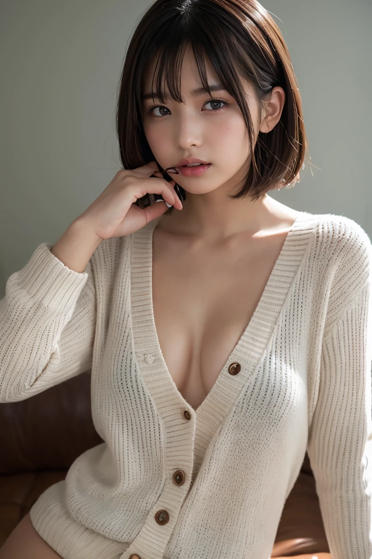 (masterpiece:1.3), (8K, realistic, Raw photo, highest quality: 1.4), (1 girl), beautiful face, (realistic face), (black hair, short hair:1.3), beautiful hairstyle, realistic eyes, beautiful and detailed eyes, (realistic skin), beautiful skin, (sweater), mini skirt、confused, charm, ultra high resolution, Super realistic, very detailed, golden ratio、((delicate pictures))，(Detailed RAW photo of girl), (pieces fly:1.25), (highest quality:1.6), (ultra high resolution:1.5), (that&#39;s photorealistic:1.75), 8K resolution,:1.6),  Canon EOS R5, 50mm, confused, Super detailed,cinematic lighting、I can see your pants、NSFW、inverted nipples,