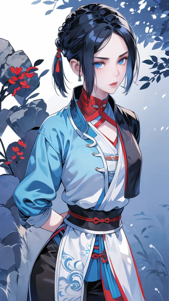 Masterpiece, Best quality, 1 Ji Ruxue, the expression is cold, strong, blue eyes, short hair, wolfcut hairstyle, smoky mix blue color hair, resolute eyes, red lips, simple Taoist Taoist uniform, Chinese mix morden, frontal photo, black or white background, simple background, anime, illustration, Chinese style short-sleeved shirt, cool girl, Ji Ru Xue, Fullbody, blank background , full HD, full body, leggy, standing position, simple background
