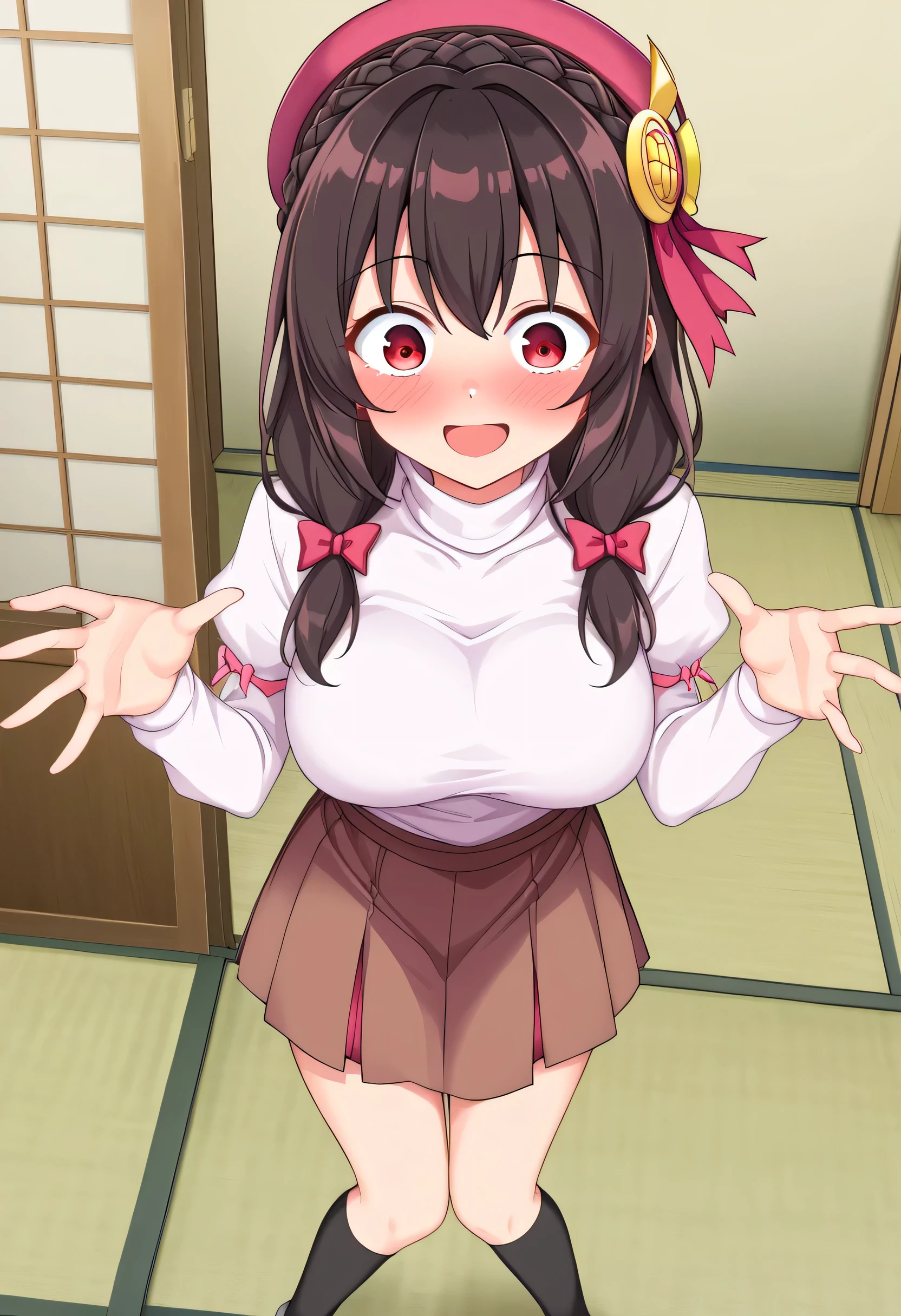 yunyun、masterpiece,Best Quality,  Hi-Res,one person, Yunyun、My name is Yunyun,  crown braid the same color as hair, Black Hair、Red eyes、 hair accessory ,  hair bow, ( white turtleneck:1.2), ( brown skirt ),  knee socks, She has big breasts、(Surprised Smile:1.2)、(blush)、(Tatami room)、Looking at the viewer、Standing、( I'm wearing a pink beret)