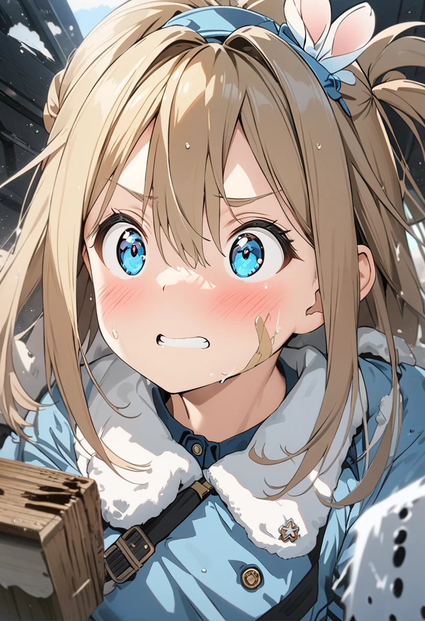 highest quality、(masterpiece:1.2)、An illustration、disorganized、 (1 girl、solo)、(beautiful detailed girl)、 Titarassel、blue eyes、blonde hair、long hair、Ahoge、small breasts、flat chest、、 goggles on neck、green hoodie、blue shirt、mini skirt、black socks、red shoes、 In the workshop、mechanicalワークショップ、in the factory、toolechanical、robot workshop、work、Sweat、engineer、intricate detailed workshop、dirty clothes、oil stains、 look at the audience、smile、blush、 ((crawl on all fours))、(Upper body、portrait)、