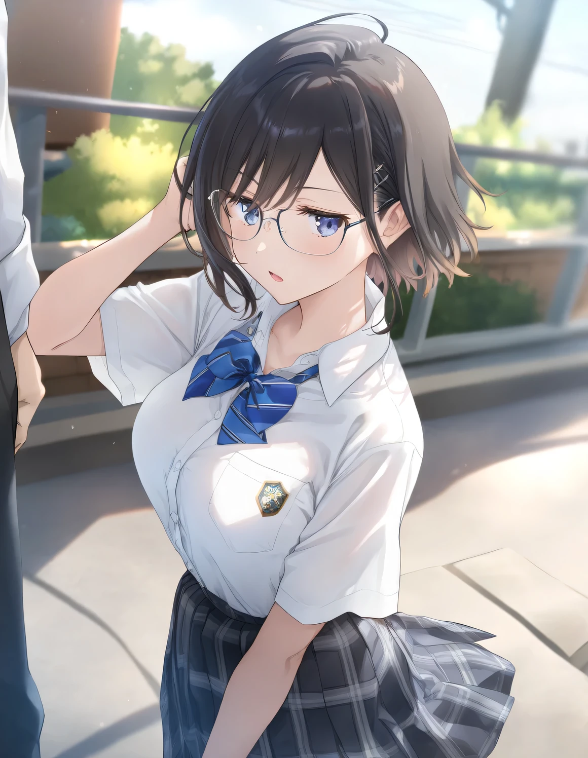 1girl, little female, school uniform, short hair, beautiful breasts, glasses, jitome, open mouth, outdoors,wind, game CG break,((artist:shida_kazuhiro)),(artist:mitsumi_misato),(artist:fujiyama),,(masterpiece), (best quality), (ultra-detailed), very aesthetic, newest, beauty illustration,super detailed skin,  (masterpiece), (best quality), (ultra-detailed), very aesthetic, ,hi res,absurd_res,2023,2024,shaded,digital media (artwork), realistic lighting, 4k, 8k,