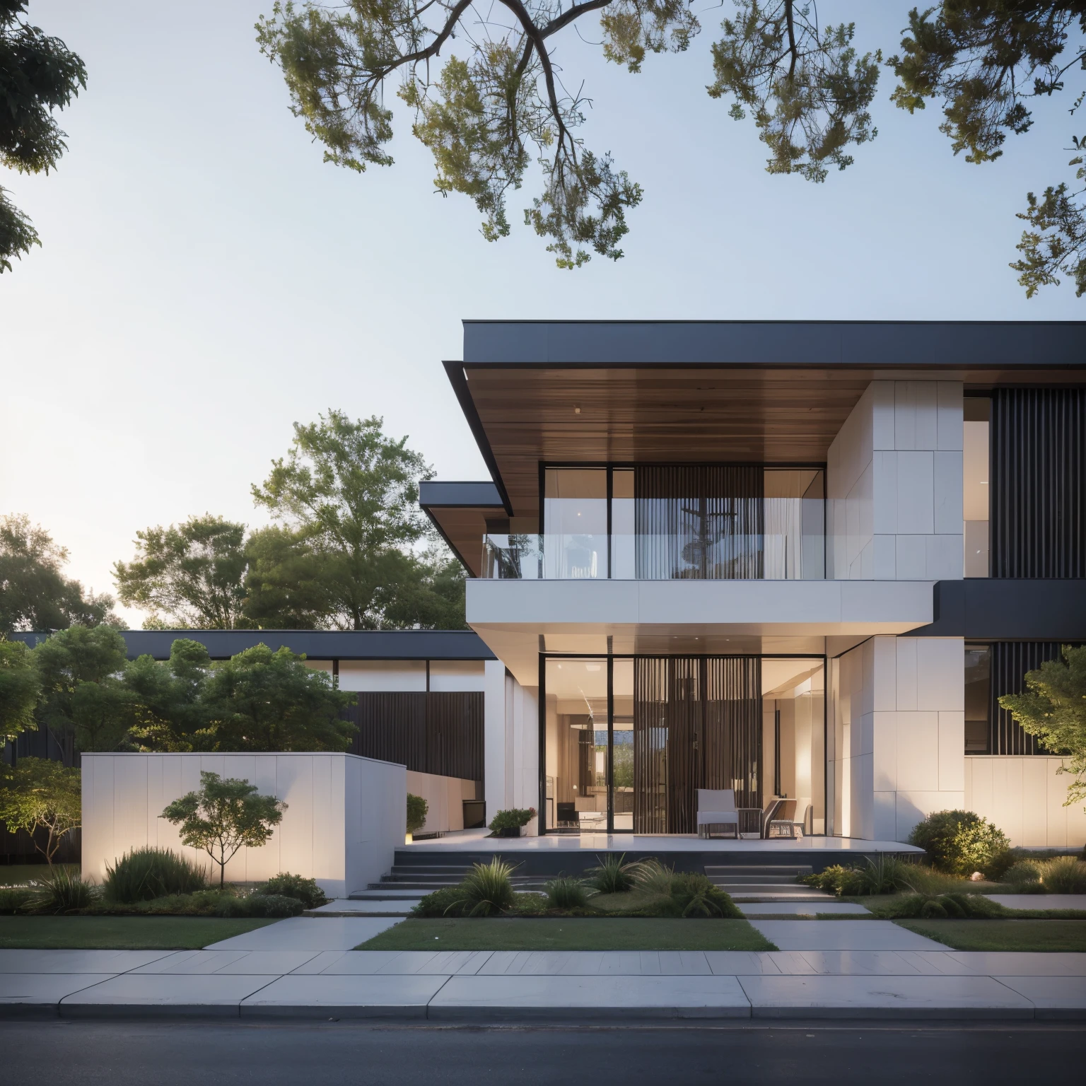 RAW photo, Exterior of two story white modern house, road, ((sidewalk)), ((sidewalk trees)), residences area, dawn time, overcast, fog, tropical trees and plants, (high detailed:1.2), 8k uhd, dslr, soft lighting, high quality, film grain, Fujifilm XT3, (sharpen:1.5)