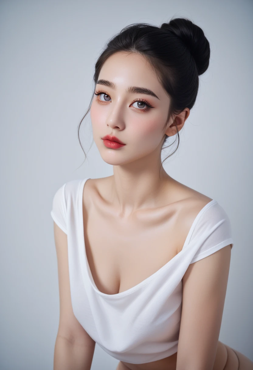 Black Hair、20 years old、(Best Quality), 4K, High resolution, masterpiece)、 (, slim:1.8, Pale skin:1.6), (small 顔:1.8, No makeup:1.8), Beautiful and detailed eyes(Symmetrical eyes, Big round eyes:1.8, Shining Eyes:1.6, Delicate eyebrows, Delicate eyelashes, Sagging under the eyes:1.2)、Off the shoulder、Strapless、bun、Beige T-shirt、nsfw、downblouse loose t-shirt leaning forward, sexy lace bra, natural boob