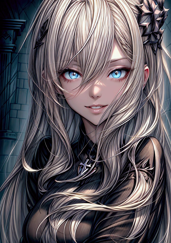 ((masterpiece, best quality)), (1girl, anime girl in dark prison),(mature, devil horn), (solo), (female focus), (white hair, straight hair),blue eyes, ((vampire, pale skin)), evil, vicious, portraits, close up, upper body, vibrant colors, soft lighting