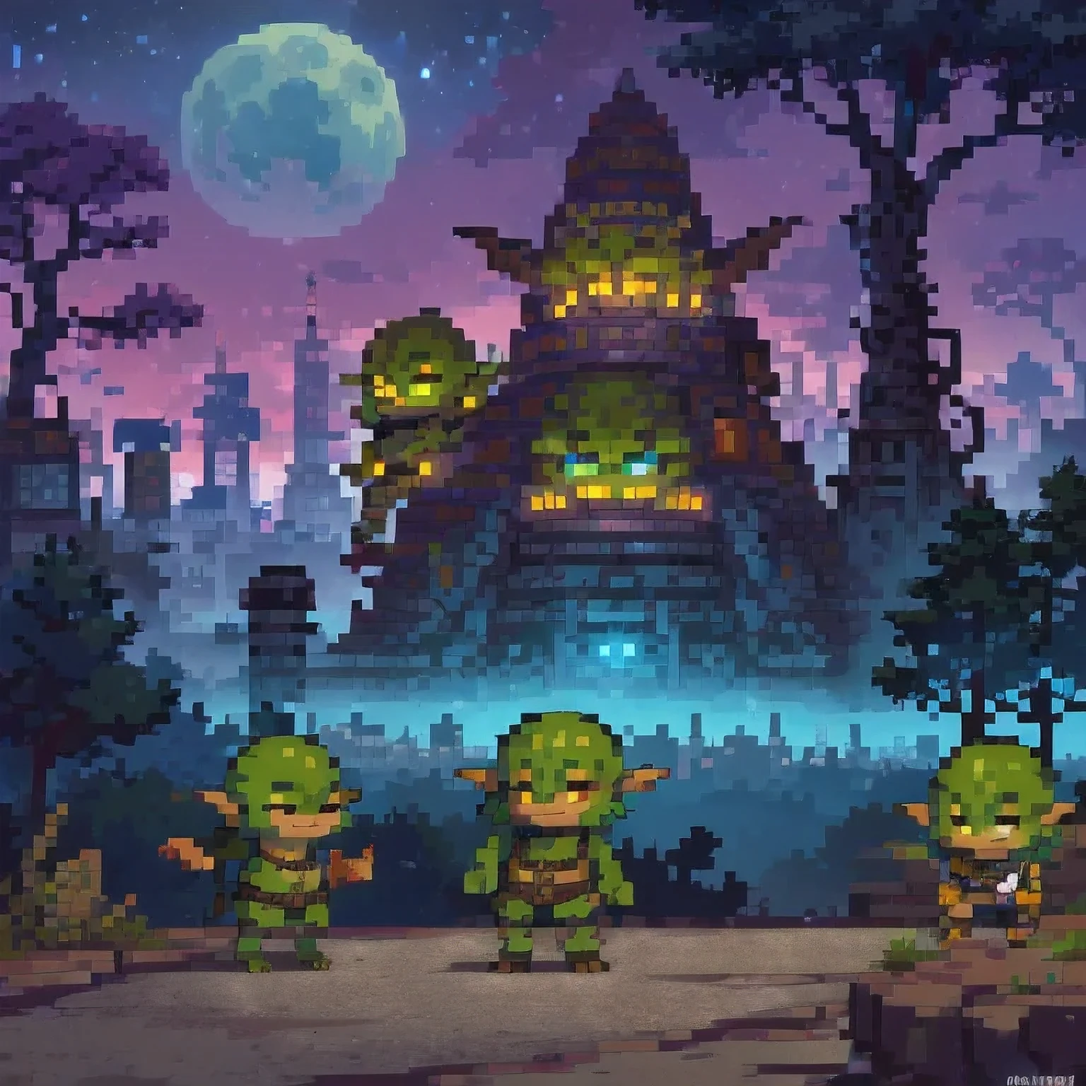 (( Goblins City : 1.5)), (masterpiece), ( is the best quality: 1.0), ( Ultra High Resolution : 1.0), Detailed illustrations,  Detailed Scenery ,  vibrant  colors goblins walking through the city, 8K, night, Moon Clouds , ((magic,  beautiful , Trees: 1.4 )), (( is the best quality,  vibrant ,  32k Clear Lighting Effects )).