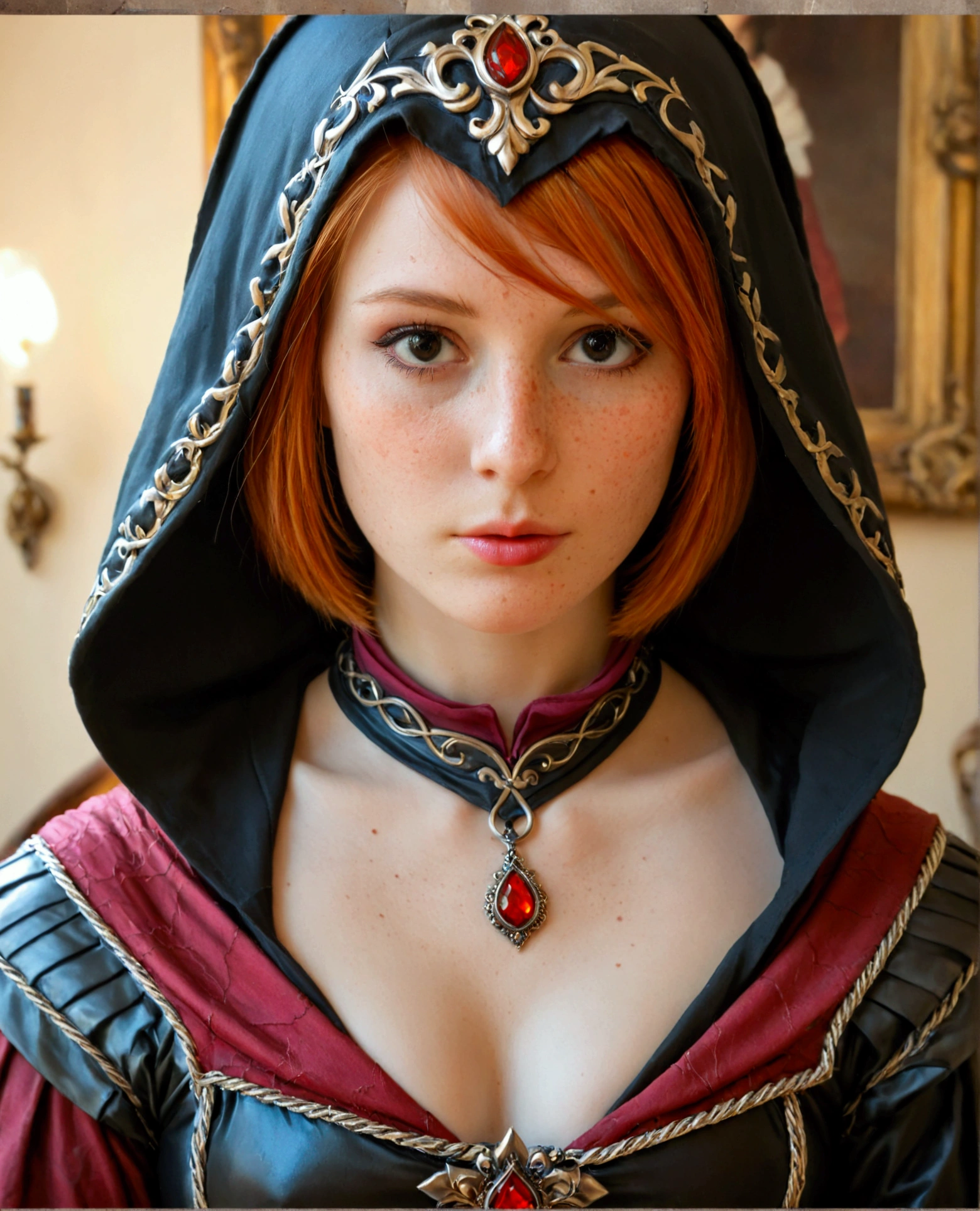 ( realistic oil art , Waist-length image,  20 year old princess , British, black eyes, The vivid view of , ginger,  Short hair),  Ezio Auditore tunic , with a hood, black,  brown ,  red details , decorations,  freckles for 10 % {{cheekbone sharp ,  perfect face ,  critical chamber , blurred background, warm light,  more information about clothing,  strong remnants ,  Pose Puzzles 