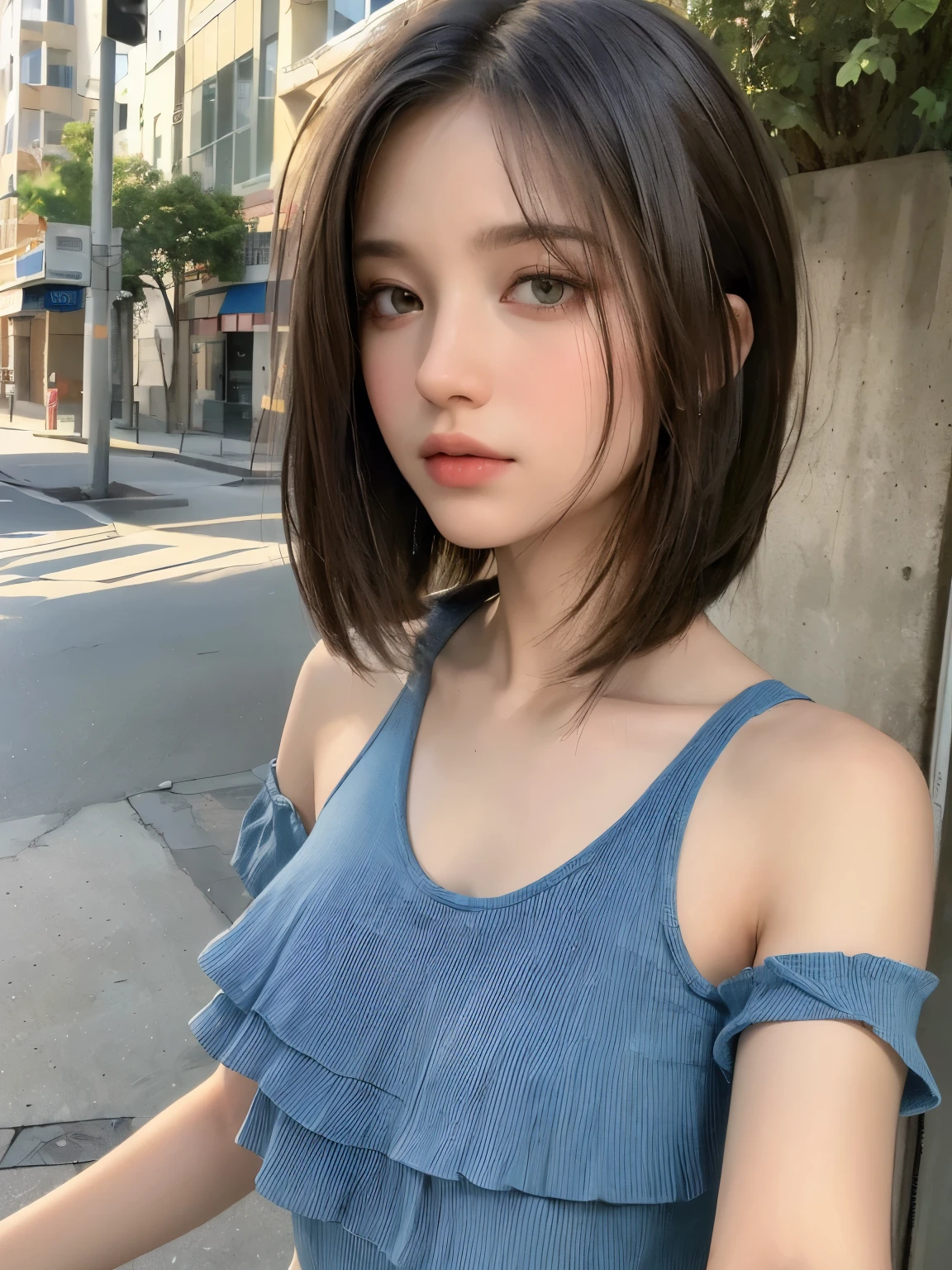 ((Best quality, 8k, Masterpiece :1.3)), Sharp focus :1.2, Perfect Body Beauty:1.4, Slim Abs:1.2, ((Layered hairstyle:1.2)), (Tank top shirt:1.1 ), (Street:1.2), Highly detailed face and skin texture, Detailed eyes, Double eyelids, off-the-shoulder top,