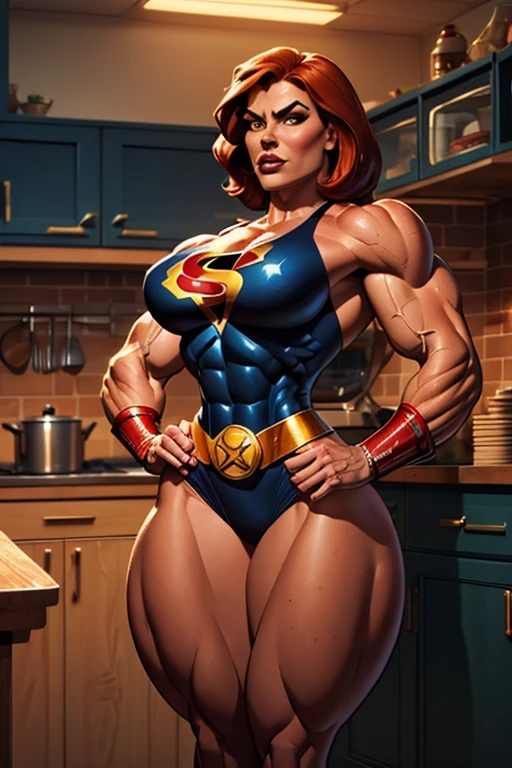 pixarstyle a waist-length portrait of a muscle woman in a superhero outfit in the style of the Juggernaut, kitchen, natural skin texture, 4k textures, hdr, intricate, highly detailed, sharp focus, cinematic look, hyperdetailed, muscle woman, big muscles, huge muscles, massive muscles, 
