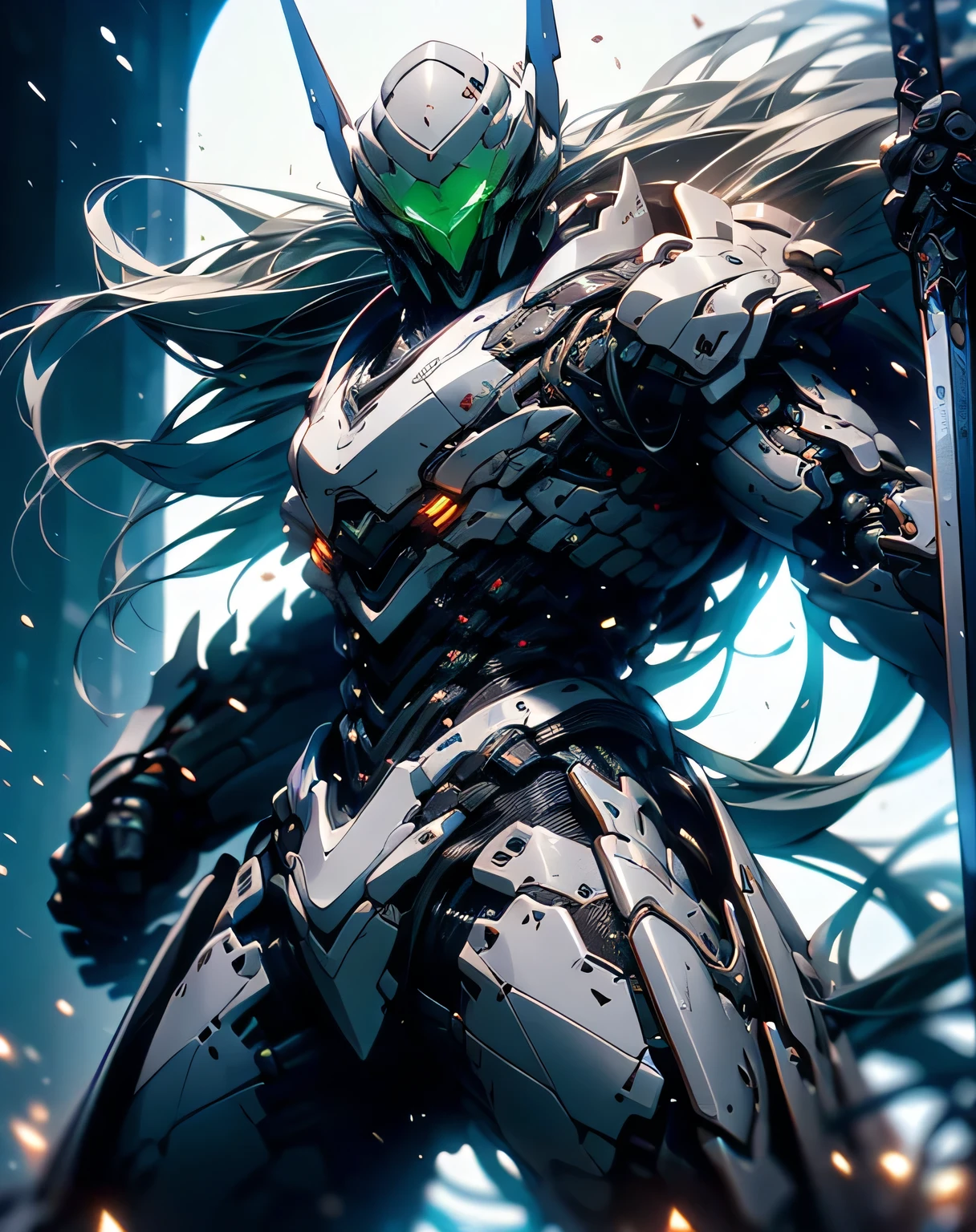 (A man twists his body and makes violent movements ), (( A man wearing light blue exo armor is making violent movements)), rendered in Unreal Engine 5 , Black Octane Rendering, Super detailed with octane rendering , rendered with 8K Unreal Engine , rendered with Unreal Engine 6 , streamlined blue armor , high detail iconic characters , 8k octane rendering photorealistic , Unreal Engine 5 rendering , rendered with Unreal Engine 5 , metallic, manipulating a sword that emits light, It's discharging into the air, Blur effect , My eyes are glowing green, (from below: 2.0), (( Slim Body )), ((Big full moon, moonlight)), EdobLandscapeAlpha, (32K, Ultra High Definition), Long silver hair tousled by the wind