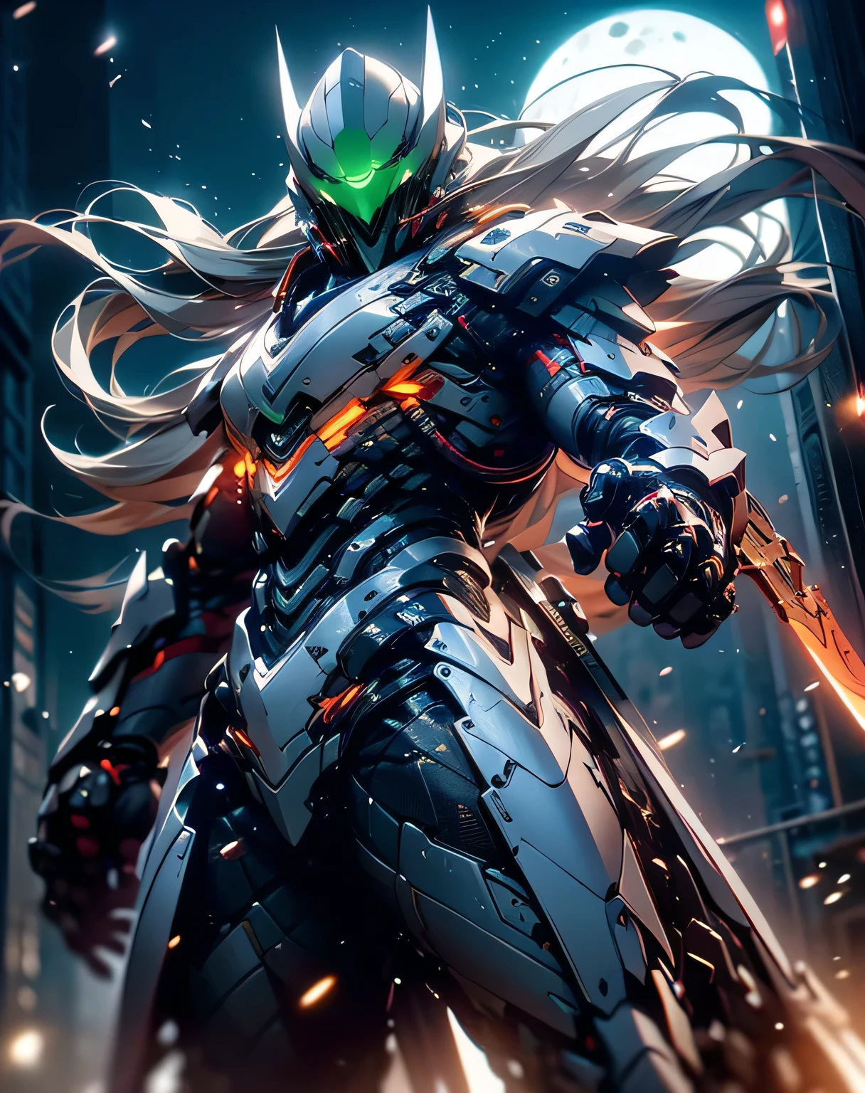(A man twists his body and makes violent movements ), (( A man wearing light blue exo armor is making violent movements)), rendered in Unreal Engine 5 , Black Octane Rendering, Super detailed with octane rendering , rendered with 8K Unreal Engine , rendered with Unreal Engine 6 , streamlined blue armor , high detail iconic characters , 8k octane rendering photorealistic , Unreal Engine 5 rendering , rendered with Unreal Engine 5 , metallic, manipulating a sword that emits light, It's discharging into the air, Blur effect , My eyes are glowing green, (from below: 2.0), (( Slim Body )), ((Big full moon, moonlight)), EdobLandscapeAlpha, (32K, Ultra High Definition), Long silver hair tousled by the wind