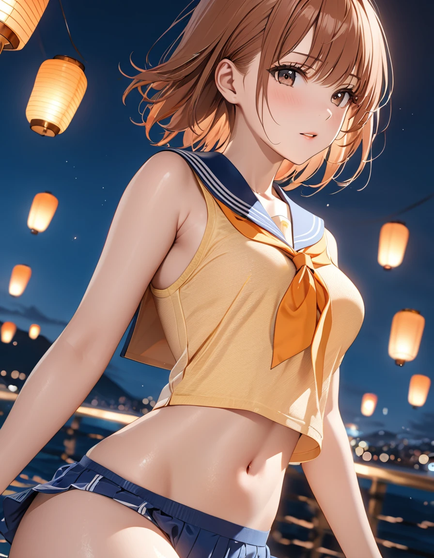 Masterpiece, sksrin,a beautiful urban female model,  under empty night stars, (small breasts:0.9),( sailor crop top), facial details, detailed body part details, 8k wallpaper, tight, looking back, short hair, (Blushing:1.2), sweating, Hoshizora rin, gold, ( thong panties),moist, glowing eyes, cowboy shot