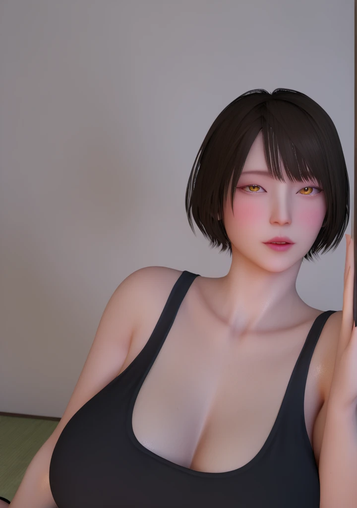 Generate an ultra-realistic, full-body image of a young woman with a short, sleek bob haircut and dark, layered bangs framing her face, inspired by the reference image. Her facial features should be delicate, with smooth, porcelain-like skin that has a soft, natural glow and a hint of dewiness, giving her a lifelike, slightly reflective texture. Her makeup is subtle yet elegant, highlighting her large, expressive eyes with a gentle eyeliner, soft blush on her cheeks, and glossy, pink lips that add to her youthful charm.

Pay careful attention to her skin texture: it should have slight natural imperfections for realism, with faint pores, a light sheen, and a small, cute beauty mark just above her breast, subtly visible near the neckline of her top. This detail should be barely noticeable but adds to her authenticity. There’s a hint of freckles or subtle skin gradients around her shoulders and collarbone to emphasize her lifelike skin tone and texture.

She is wearing a fitted black tank top that gently hugs her curves, paired with a mini black skirt that sits at mid-thigh, adding a stylish, modern appeal. Below the skirt, she wears sheer black stockings with a slight shimmer that catches the light, giving her legs a sleek, refined look. She completes her outfit with classic black high heels with a subtle gloss, adding height and elegance to her stance.

The background is a traditional Japanese room, intricately detailed to create an immersive setting. The floor is covered with tatami mats, lending a warm, natural texture underfoot. Behind her, sliding shoji doors allow a soft, warm light to filter into the room, casting a gentle glow over her and creating subtle shadows that highlight her figure. 
Additional elements enhance the Japanese ambiance: to the side, place a low wooden table with a traditional Japanese tea set, with steam rising delicately from a teacup, suggesting warmth and calm. Nearby, position a bonsai tree on a small wooden stand,