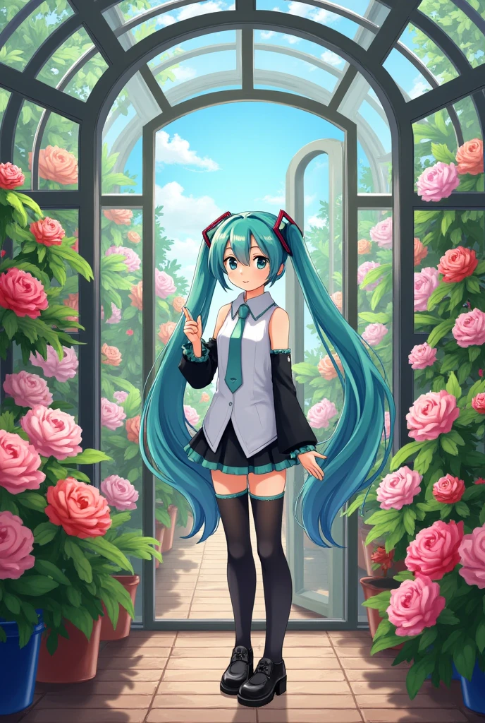 (masterpiece、最 high quality、最 high quality、 OFFICIAL ART、 beautiful and beautiful :1.2)、( one girl playing pranks:1.3) Hatsune Miku、 twin tails,Beautiful breasts, extremely delicate and beautiful, wonderful,  detailed , masterpiece, Super detailed,  Hi-Res, Best Illustration ,  best shadow ,Complex, sharp concentration,   high quality, Alone,  Kave Genshin Impact, Glass greenhouse, Potted flowers, Flowers for sale, Staring at flowers,  Flowers Are Blooming Everywhere