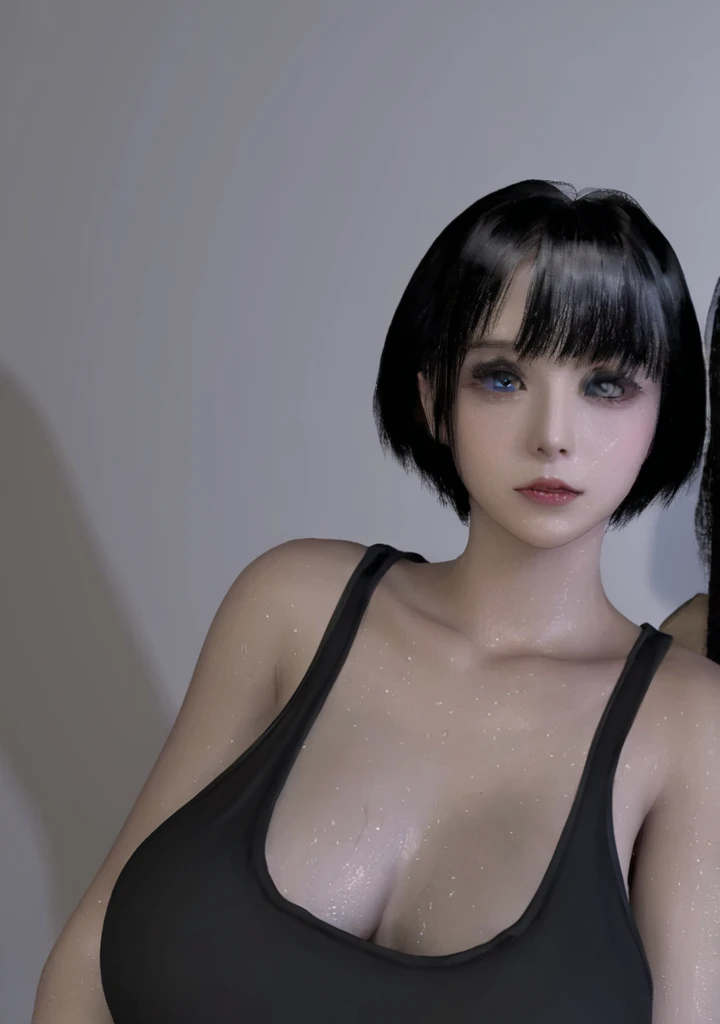 Generate a realistic, full-body image of a young woman with a short bob haircut and dark bangs, similar to the character in the reference image. Her face should have a soft, natural glow with light makeup, emphasizing her expressive eyes and glossy lips. She is dressed in a black tank top, a mini black skirt, black stockings, stockings have cross stripes making a mini rhombus shape, and black high heels. For the background, depict a traditional Japanese room with tatami flooring, sliding shoji doors, and warm lighting that gives the scene a serene ambiance. Women is sitting, Place subtle details like a wooden low table with a tea set, a bonsai plant, and simple decor to add authenticity. The overall scene should have a refined, peaceful atmosphere, blending traditional Japanese elements with the modern, fashionable look of the character