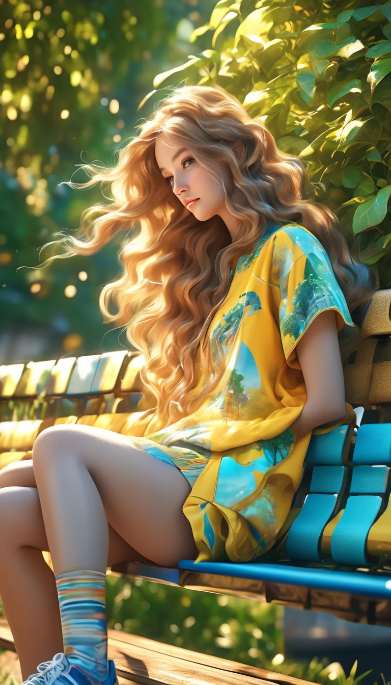 A close up ,random profile view,random camera angle shot,a woman with long wavy hair take a rest and set on a bench under a tree,she is wearing a cyclist outfit and holding a bottle of water,the setting is in the city park,soft natural lighting,8k,wallpaper of extremely detailed CG unit, high resolution, top-quality, top-quality real texture skin, hyper realistic, increase the resolution, RAW photos, best quality, highly detailed, the wallpaper,golden ratio,high saturation realism, vibrant colors, dramatic lighting, persuasive storytelling, atmospheric scenery, captivating visuals, intricate details, strong emotions,dreamlike world\).