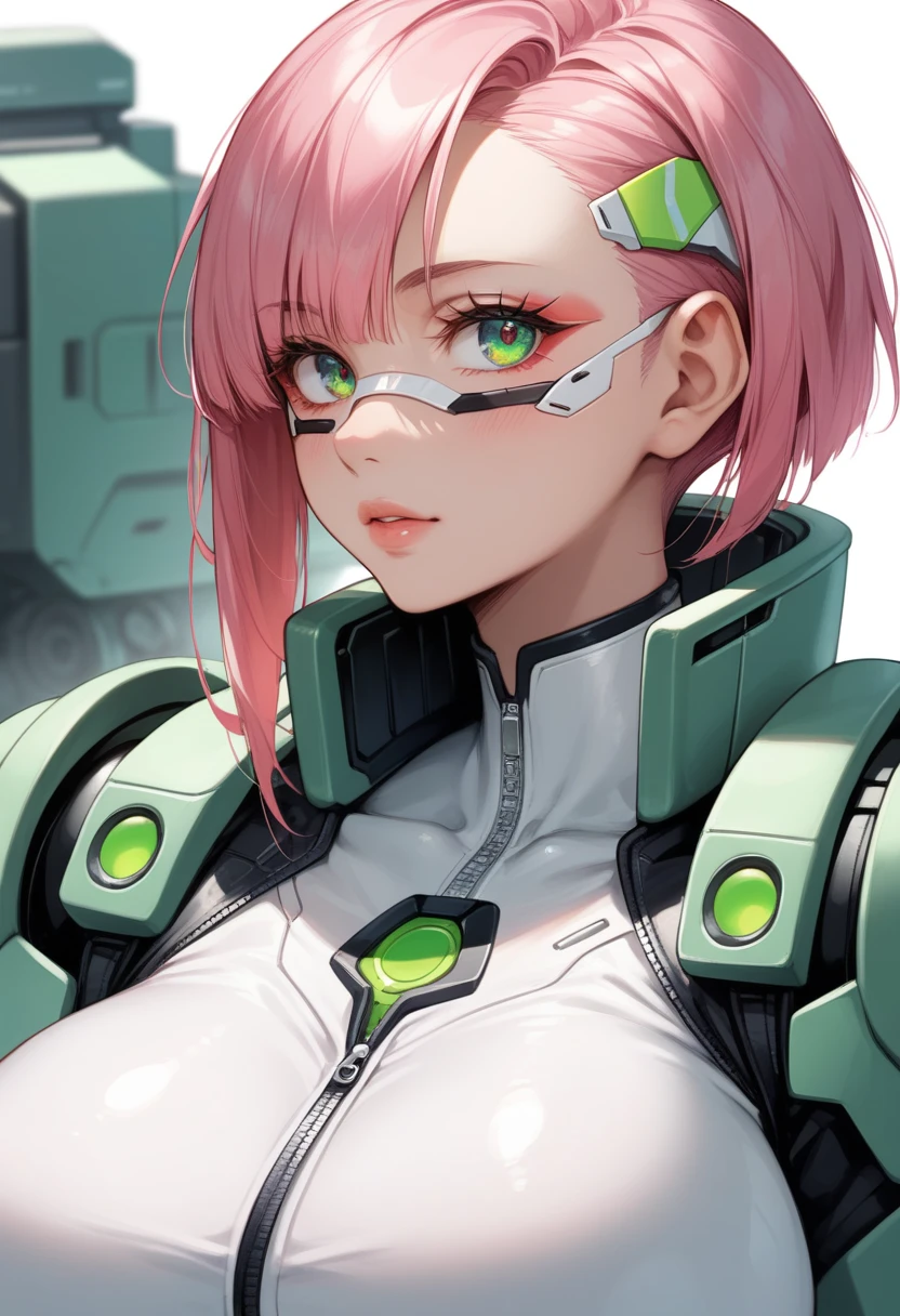 1girl,Cyberpunk Masks / Techwear Masks – Techwear front view, huge breasts,hair cut bob, pink and green colors, solo, simple background, white background, upper body, no humans, glowing, robot, mecha, zipper, science fiction, straight-on