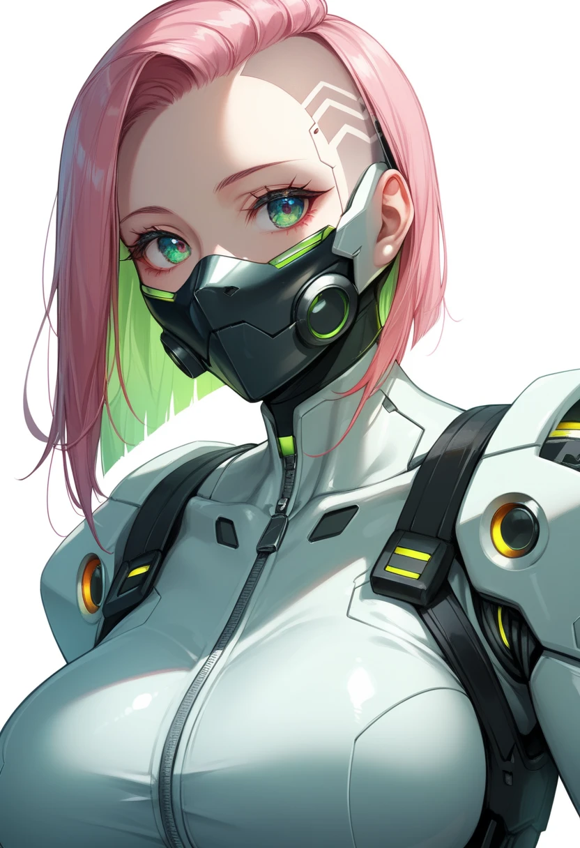 1girl,Cyberpunk Masks / Techwear Masks – Techwear front view, huge breasts,hair cut bob, pink and green colors, solo, simple background, white background, upper body, no humans, glowing, robot, mecha, zipper, science fiction, straight-on